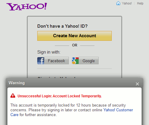 Yahoo! Unsuccessful Login